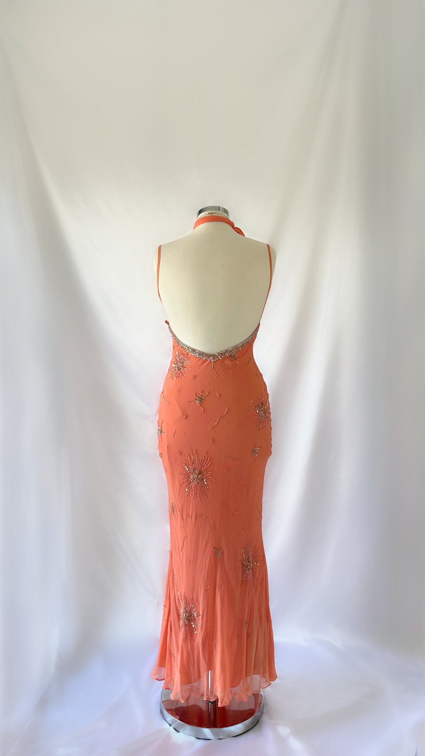 PEACHY EMBELLISHED SILK BACKLESS DRESS & MINI SCARF SET