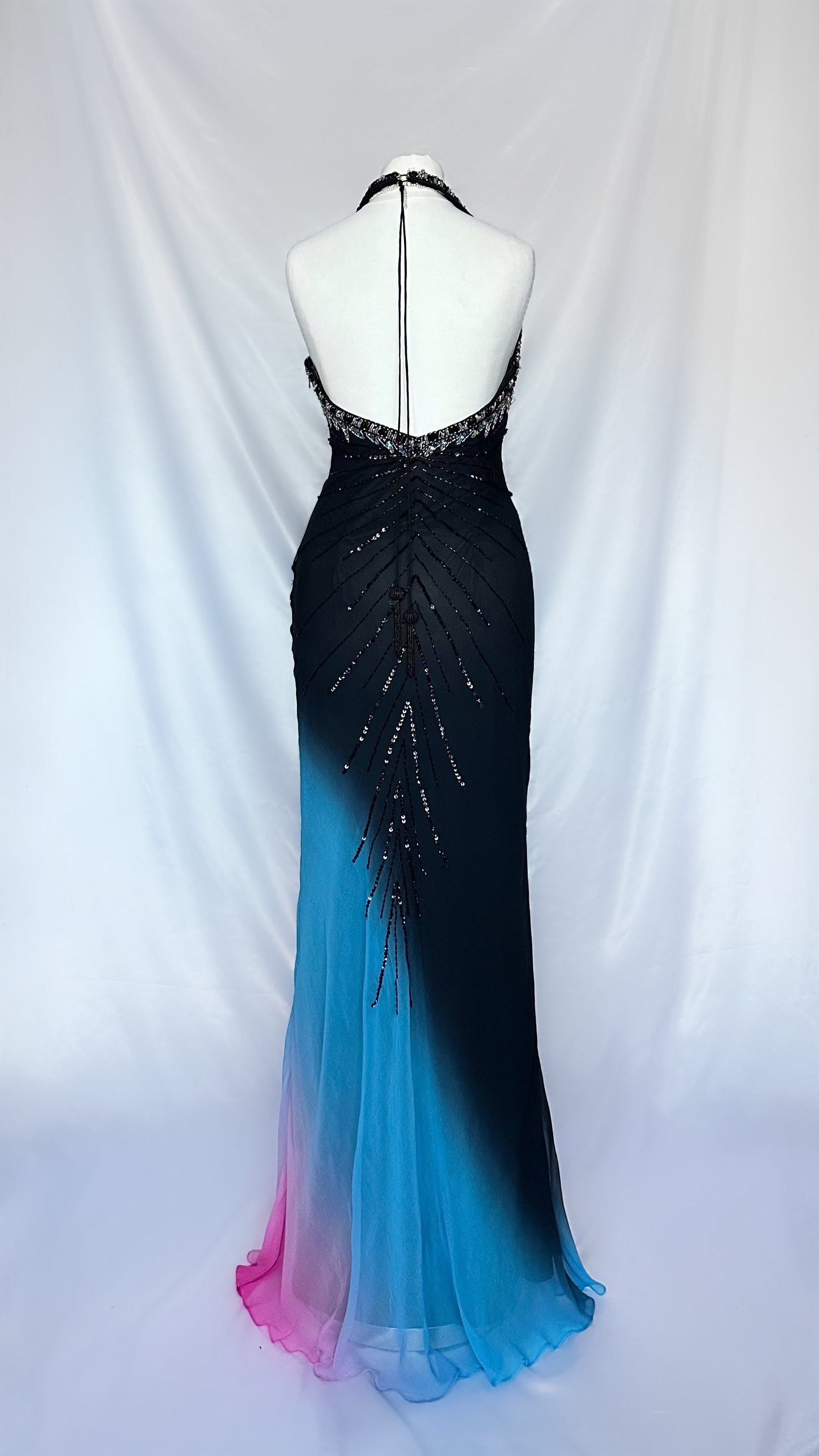 STARBURST BLACK SILK OMBRÉ EMBELLISHED HALTER MAXI DRESS