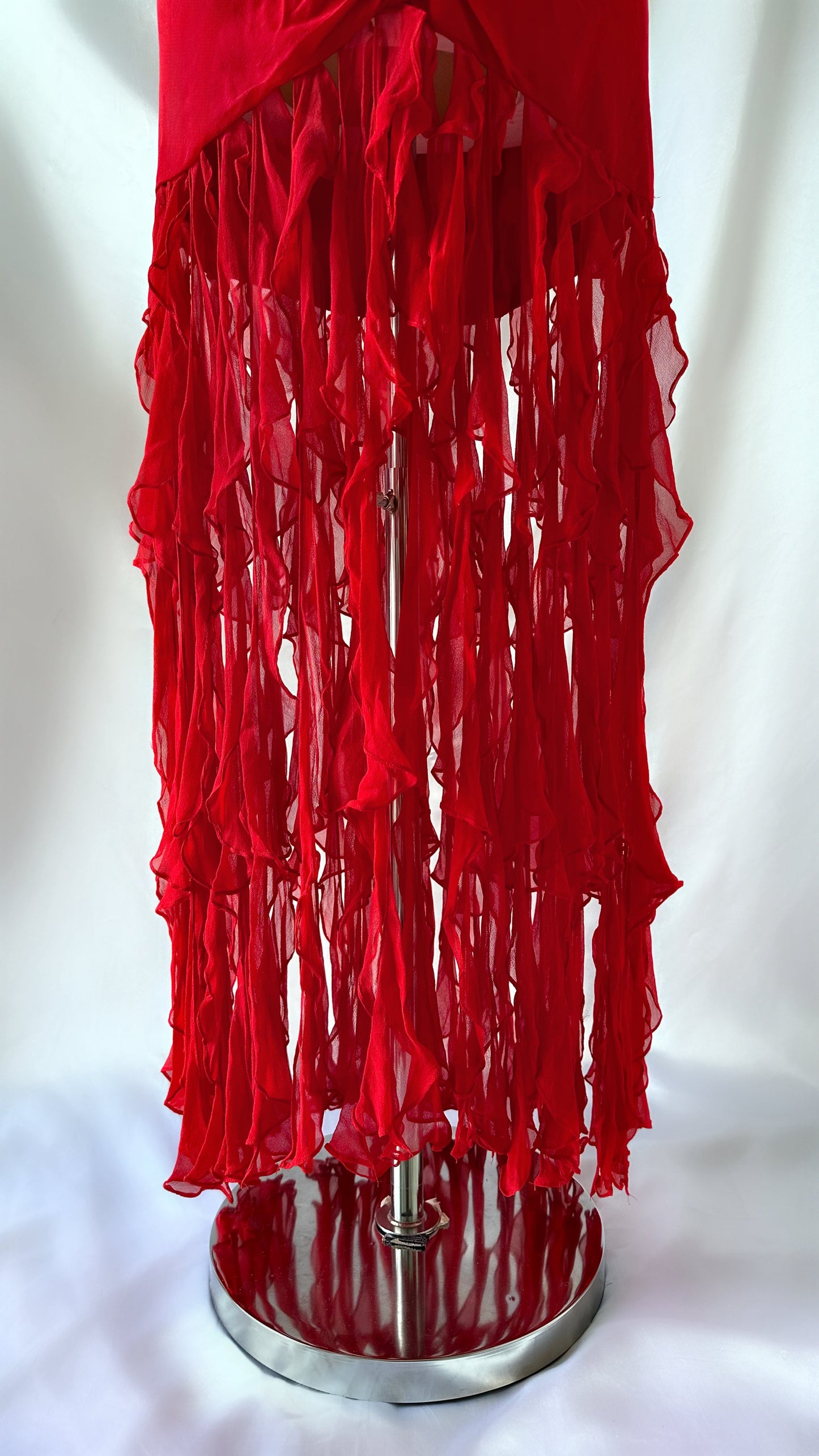 RED ROSE RUFFLE JELLYFISH SILK MAXI DRESS