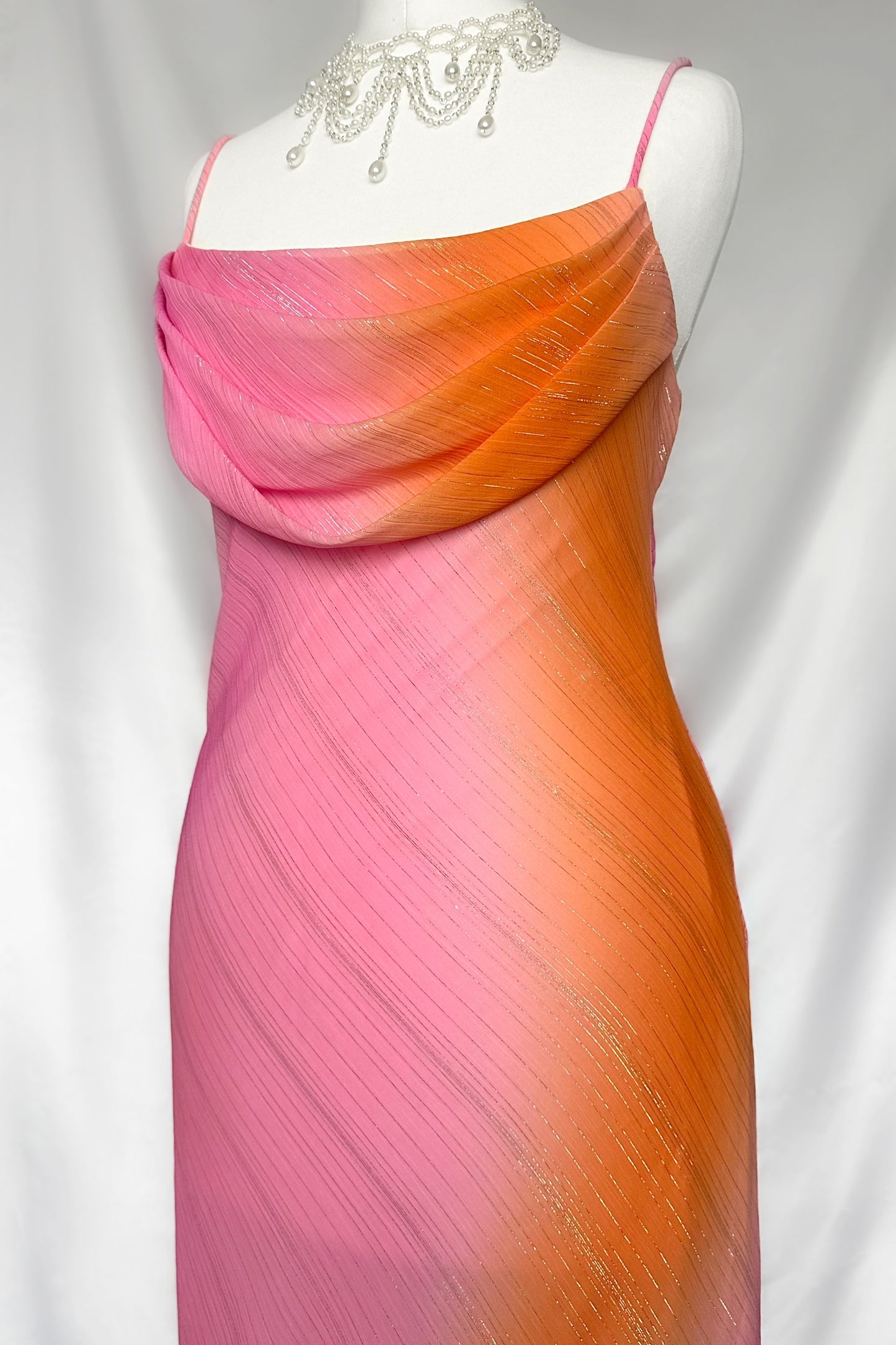 SUNSET SHIMMERS PINK & ORANGE OMBRÉ COWL NECK MAXI DRESS