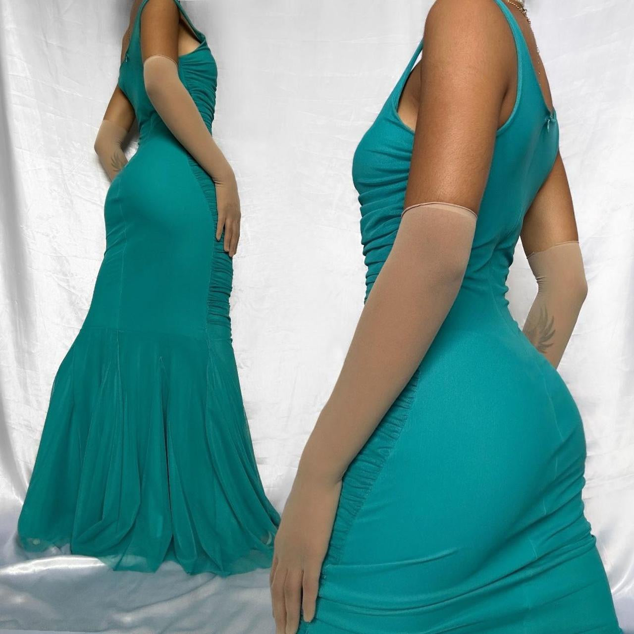 TURQUOISE GLAMOUR FISHTAIL GOWN BY EMA SAVAHL COUTURE
