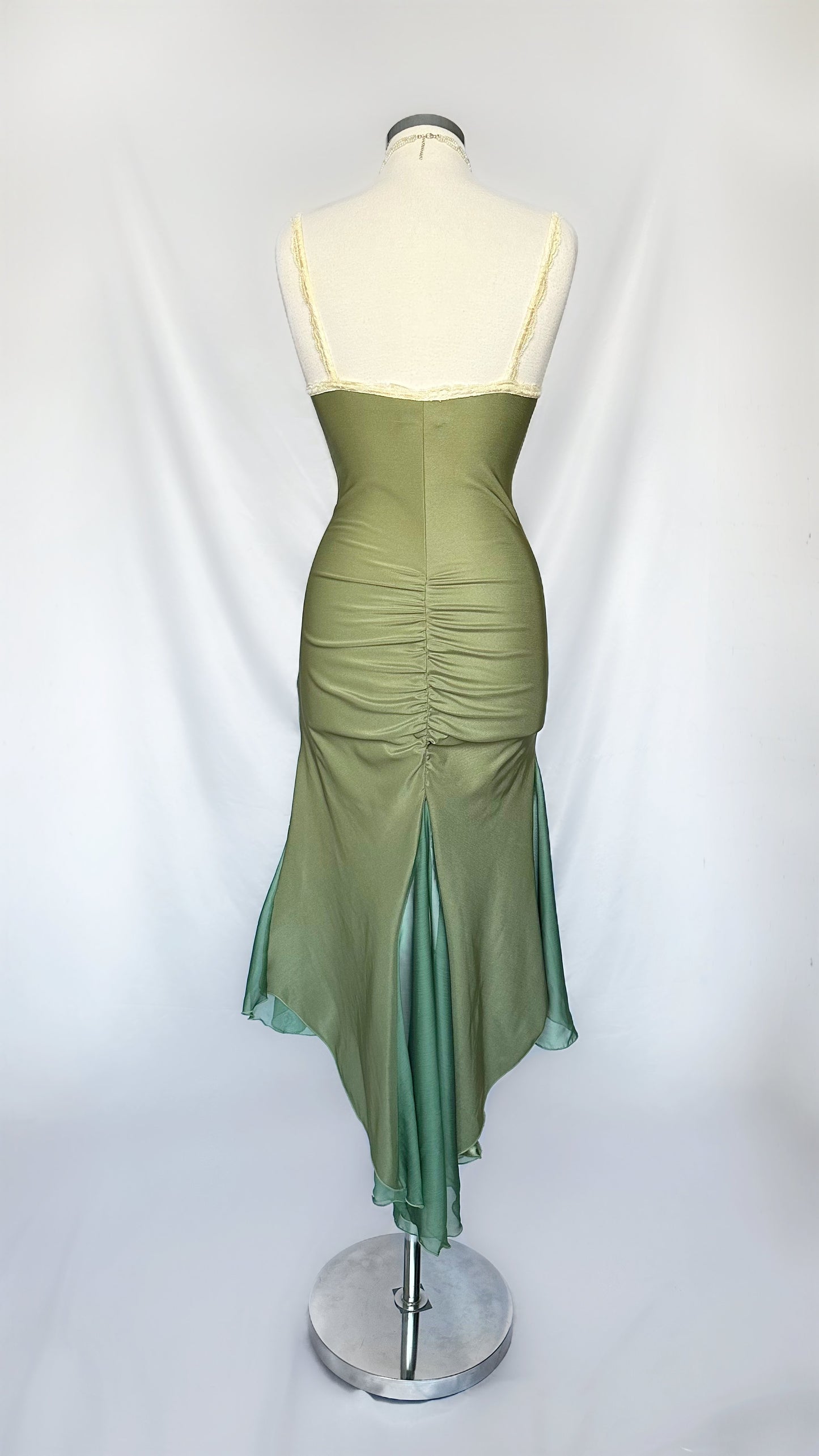 OLIVE GREEN ENCHANTRESS LACE BUSTIER ASYMMETRICAL MIDI DRESS