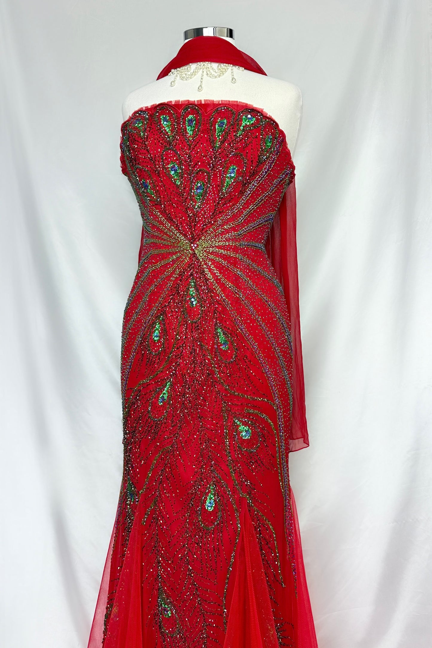 RUBY EMBELLISHED PEACOCK SILK STRAPLESS GOWN WITH MATCHING SCARF