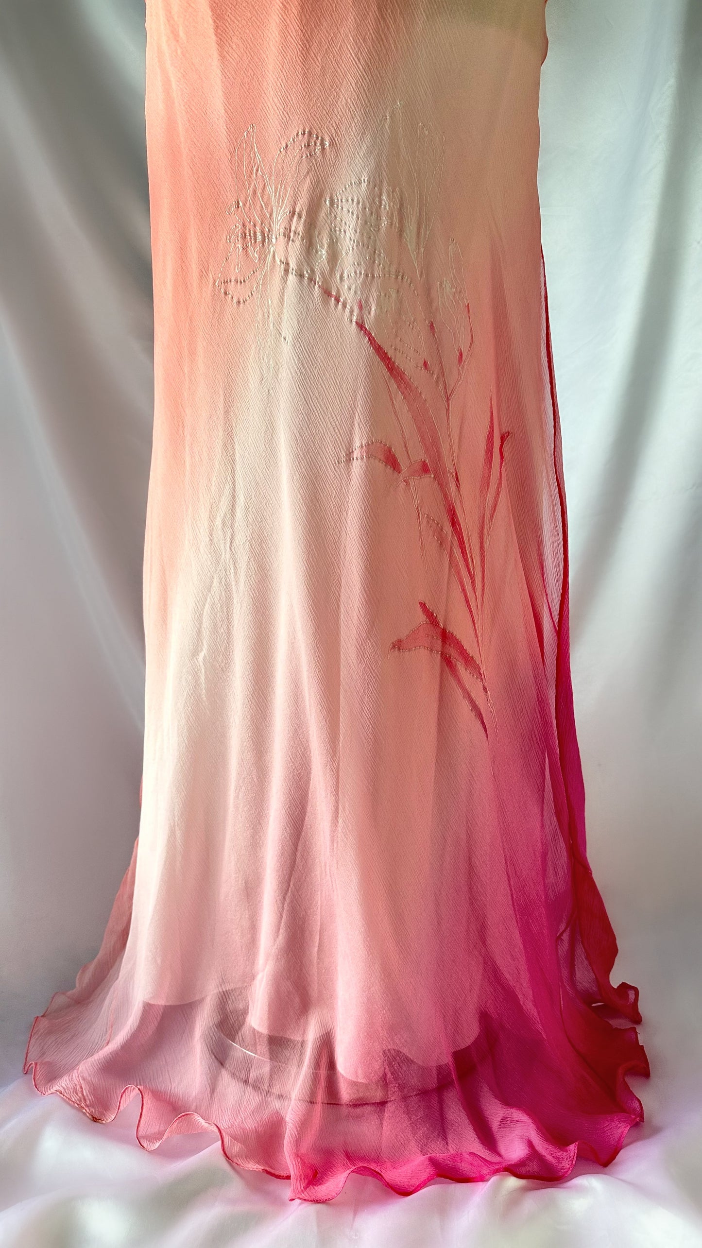 SUNSET PEACH OMBRÉ FLORAL SILK GOWN
