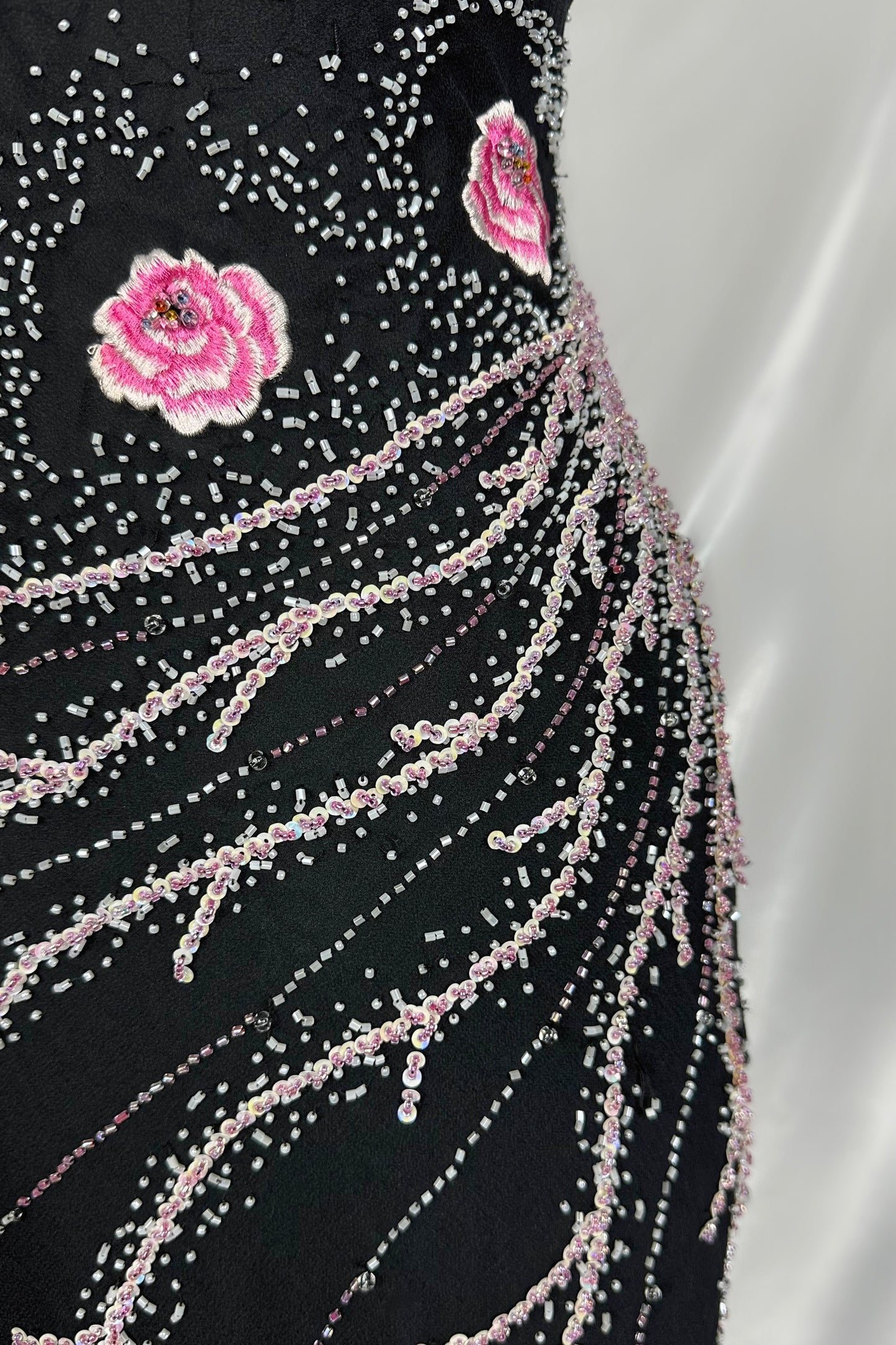 BLACK & PINK BLOSSOM EMBELLISHED SILK MAXI DRESS