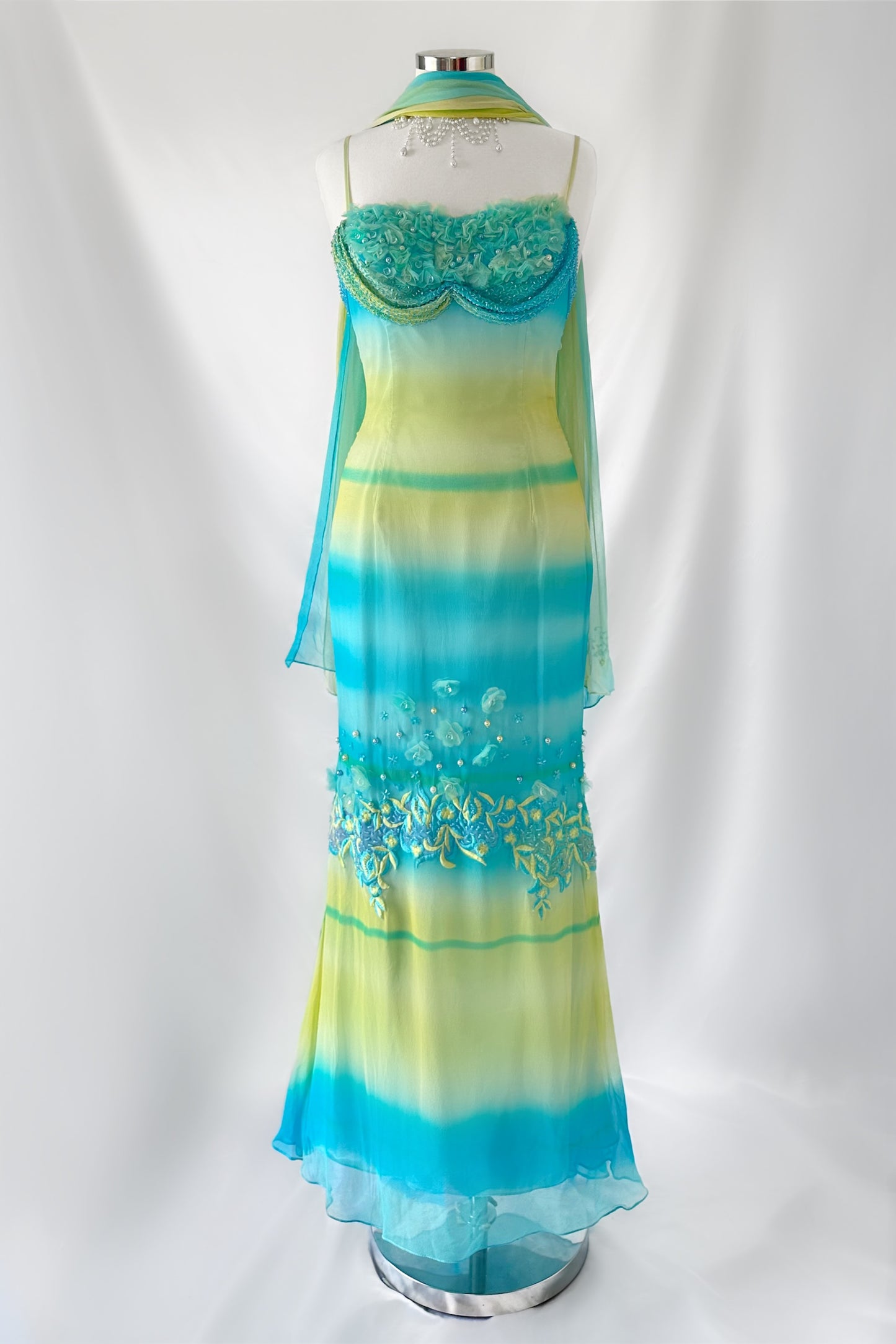 BEACH TROPICS SILK EMBELLISHED GOWN & SCARF SET