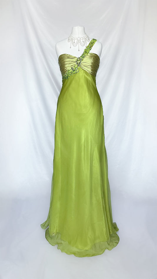 GREEN MESH FLORAL ONE SHOULDER MAXI DRESS