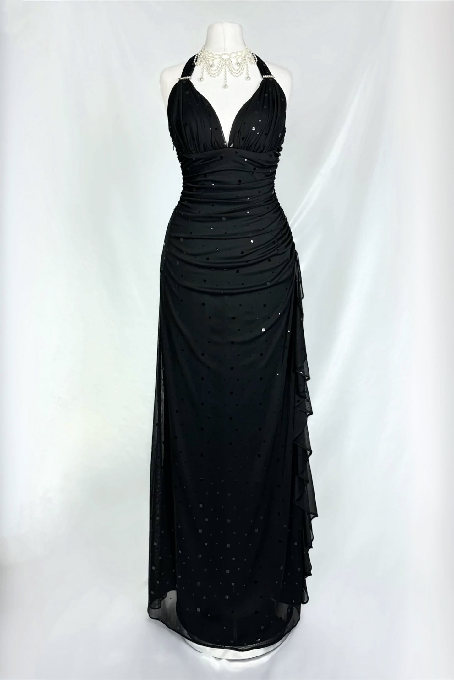 NOIR GLIMMER MESH HALTER NECK MAXI DRESS