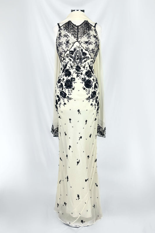 NOIR ENCHANTRESS SILK IVORY EMBELLISHED GOWN WITH MATCHING SCARF