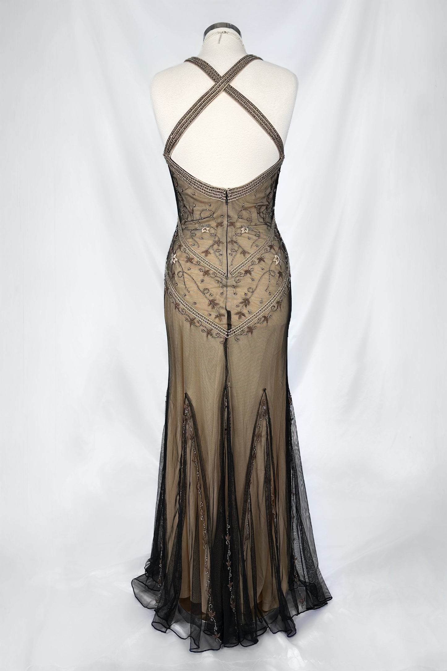 NUDE ELEGANCE MESH EMBELLISHED BACKLESS GOWN
