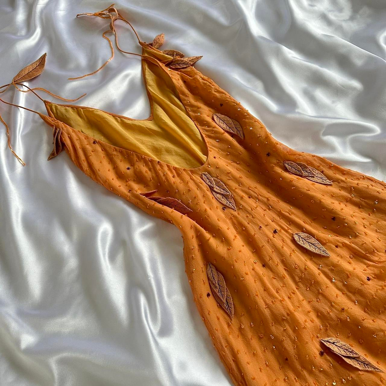 AMBER LEAF APPLIQUÉ EMBELLISHED BACKLESS SILK DRESS
