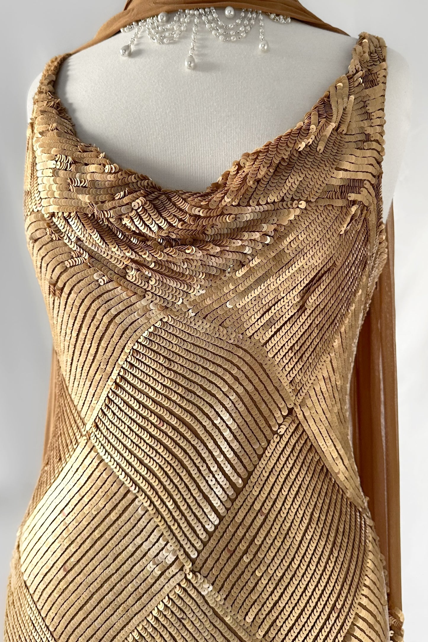 OLD HOLLYWOOD GOLD SEQUIN SILK GOWN & SCARF SET