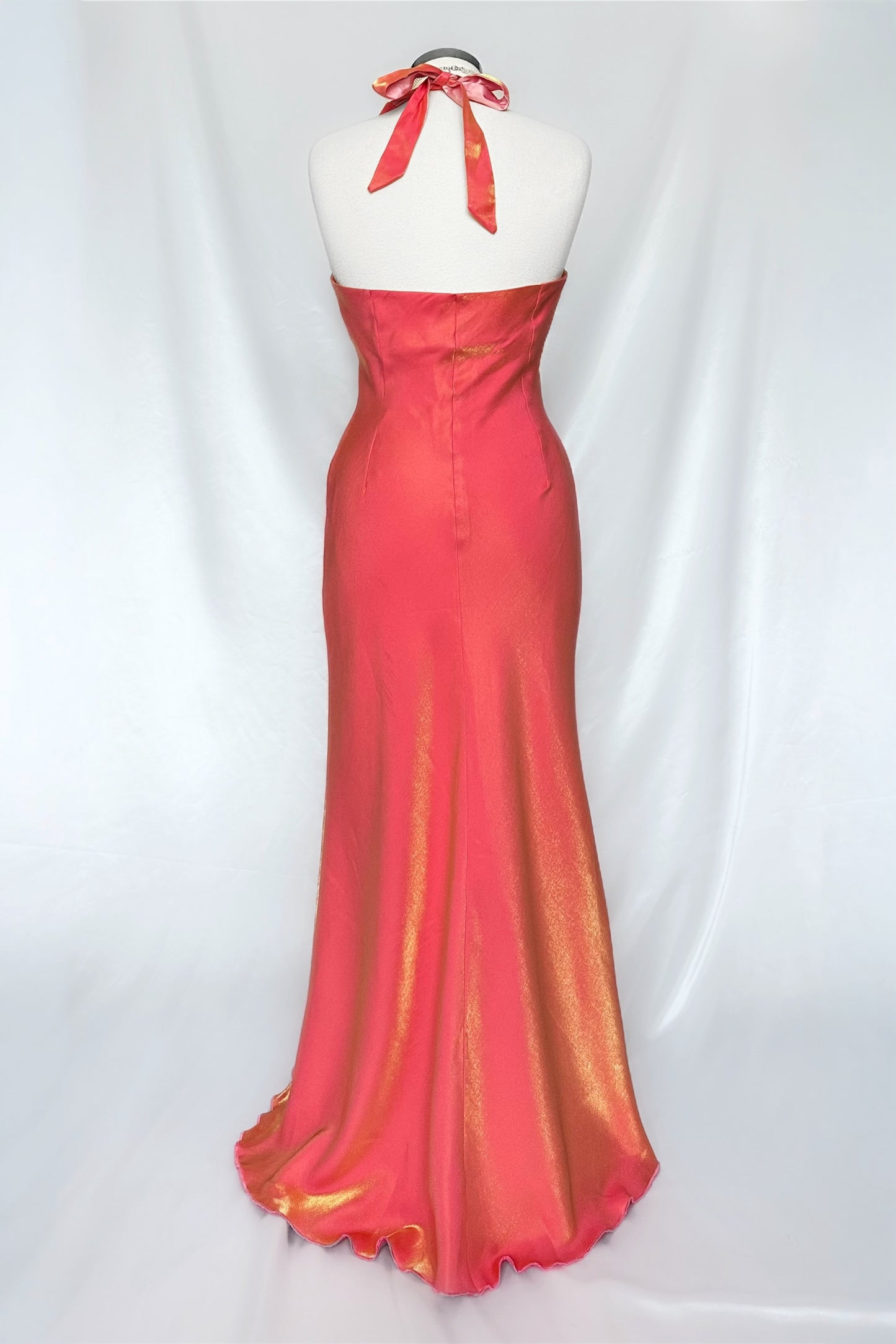 FIERY IRIDESCENT GUAVA HALTER NECK DRESS WITH LEG SLIT