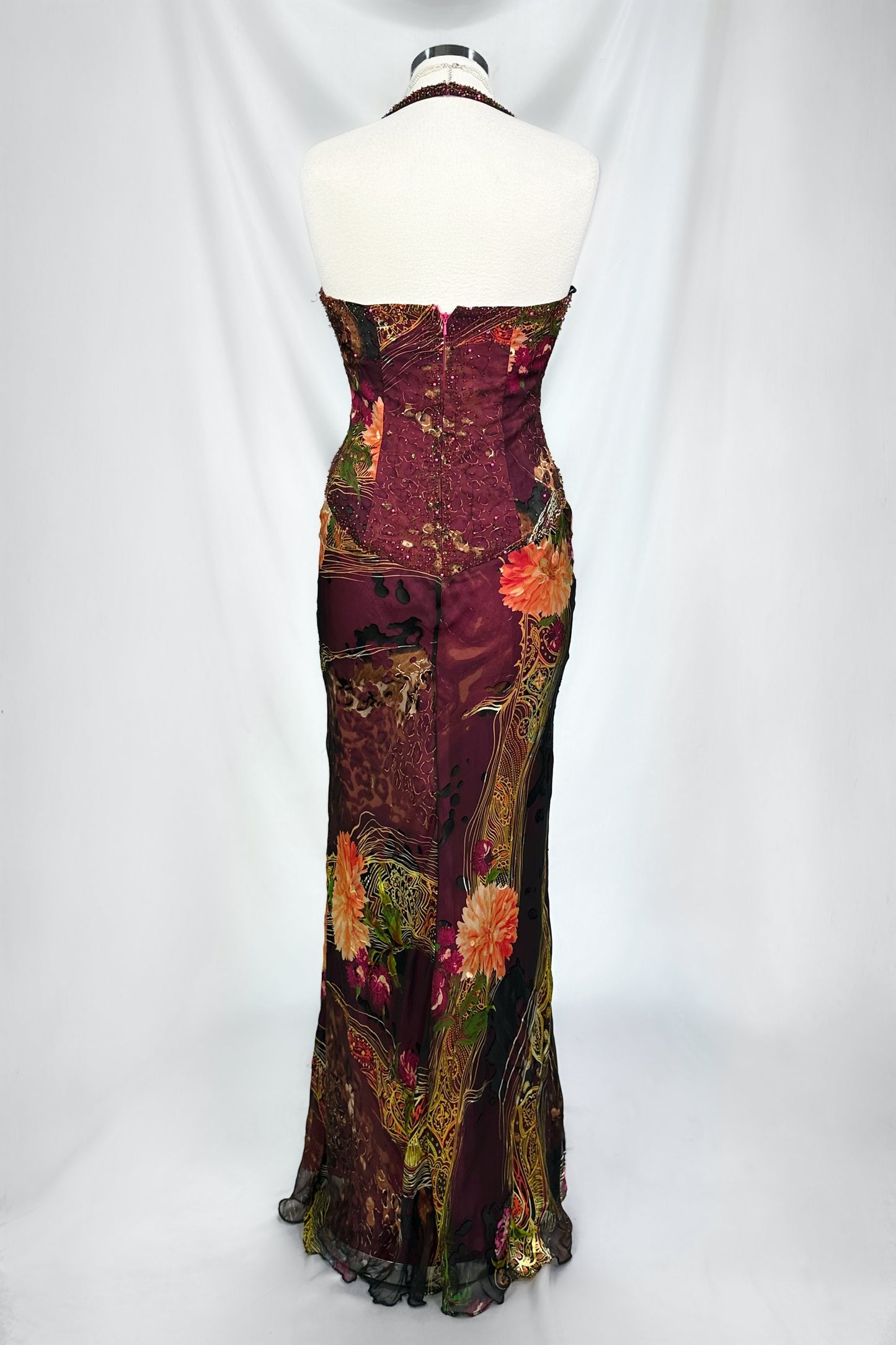 PLUM MIRAGE EMBELLISHED SILK DEVORE HALTER MAXI DRESS