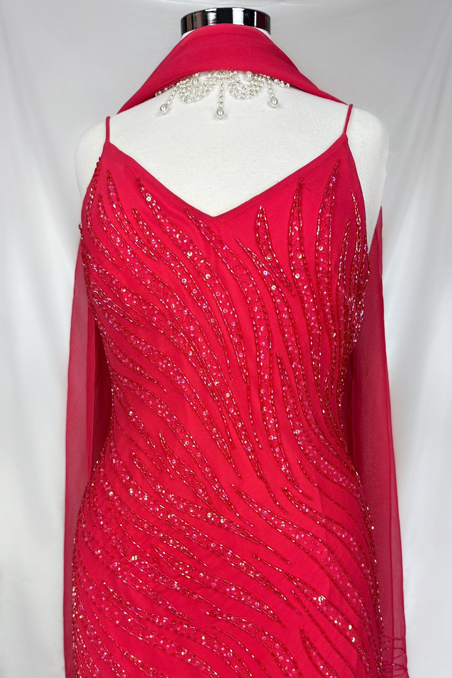 FLAMED ROSE RED EMBELLISHED GOWN & SCARF SEF