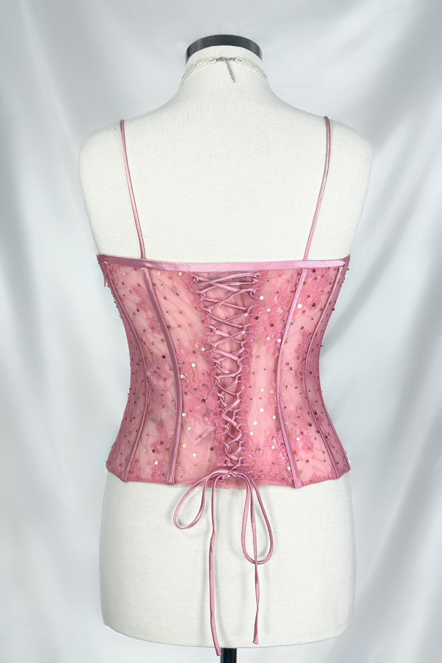 90s French Mesh Embellished Pink Corset Top