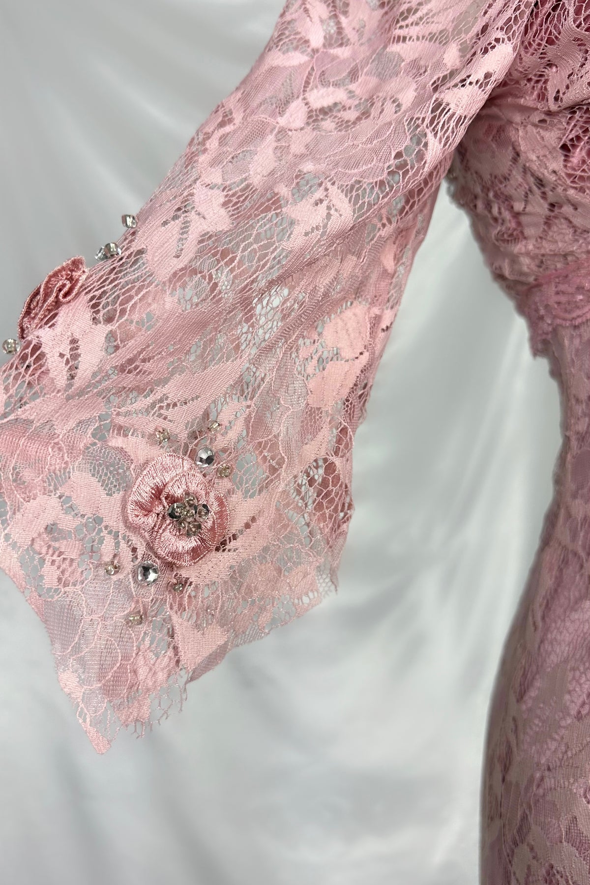 BLUSH PINK ROSE APPLIQUÉ LACE DRESS WITH MATCHING CARDIGAN