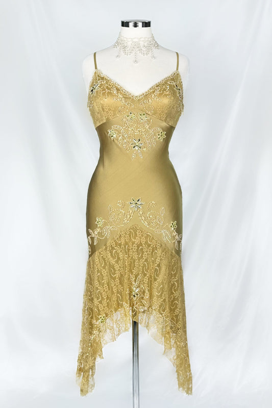 GOLDEN FAIRIE SILK EMBELLISHED ASYMMETRICAL MIDI DRESS