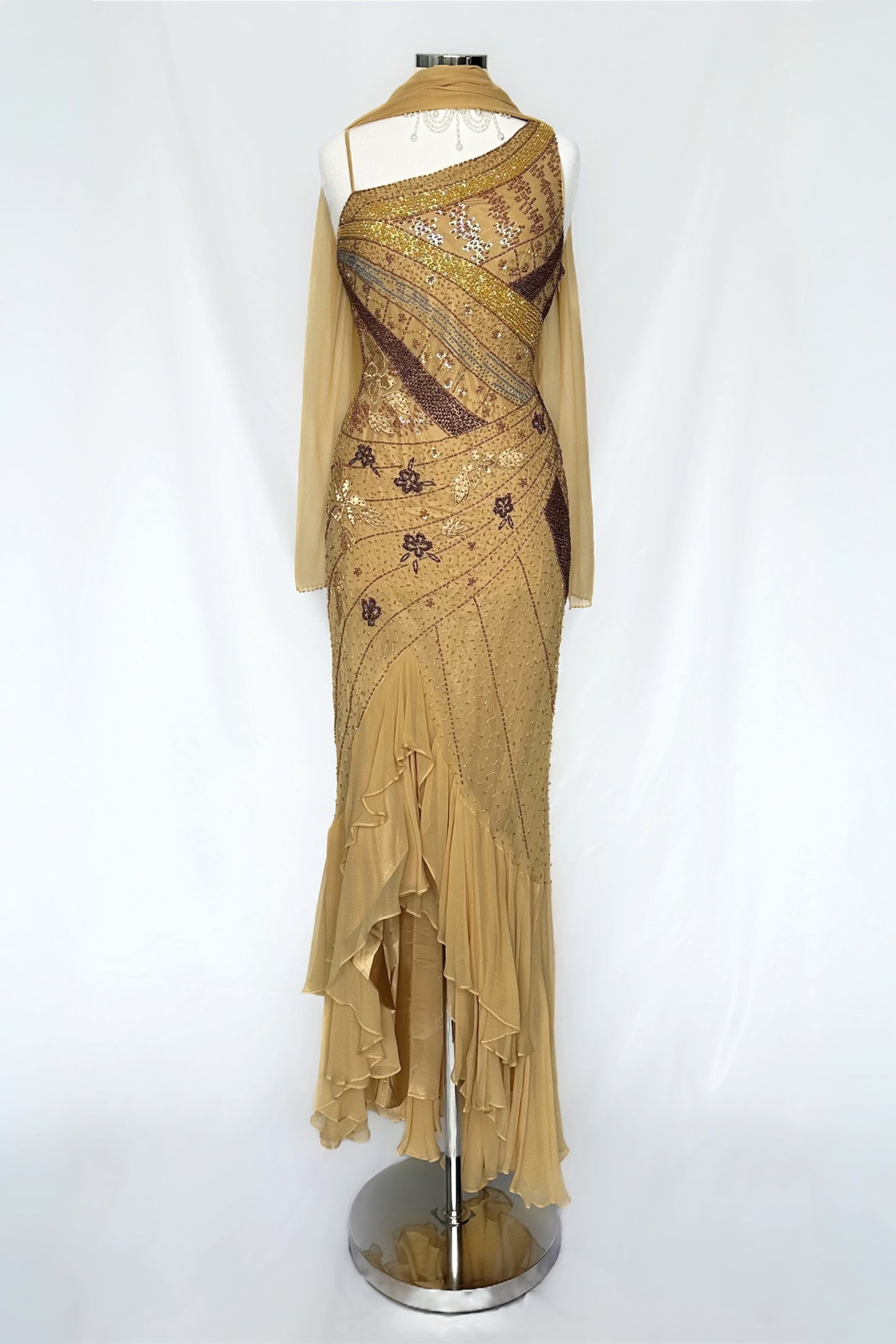 MATTE GOLD SILK EMBELLISHED ONE SHOULDER MAXI DRESS WITH MATCHING SCARF
