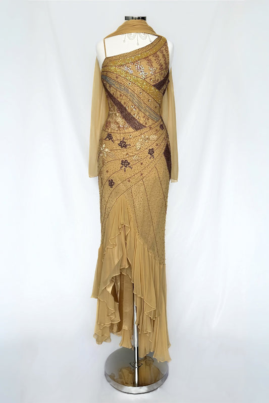 MATTE GOLD SILK EMBELLISHED ONE SHOULDER MAXI DRESS WITH MATCHING SCARF