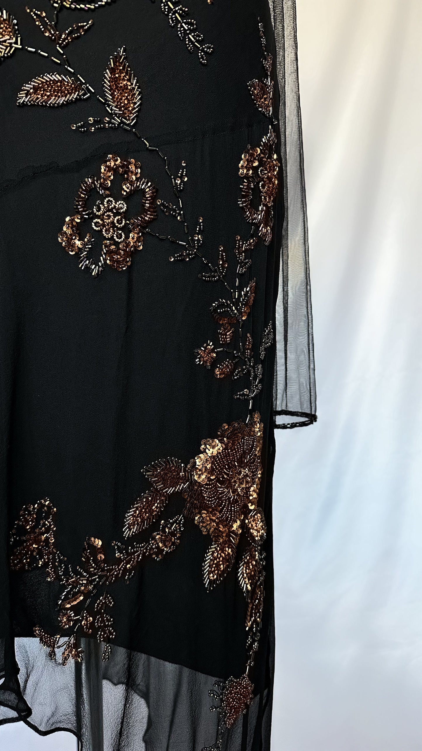 COPPER ROSE EMBELLISHED SILK ASYMMETRICAL MIDI DRESS WITH SCARF