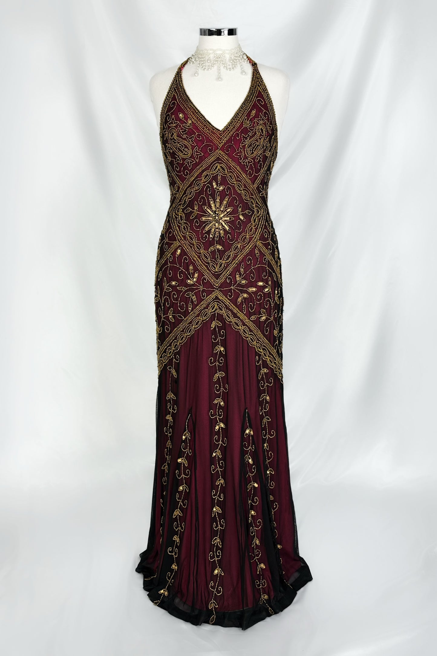 Gilded Berry Embellished Mesh Maxi Dress