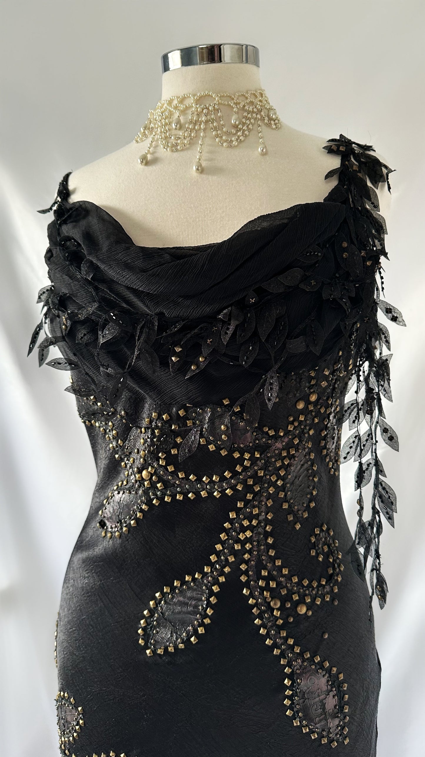 GRUNGE DRAPED FLORAL BUST METAL STUDDED GOWN