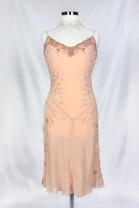 PEACH PRINCESS SILK FLORAL EMBELLISHED MIDI DRESS