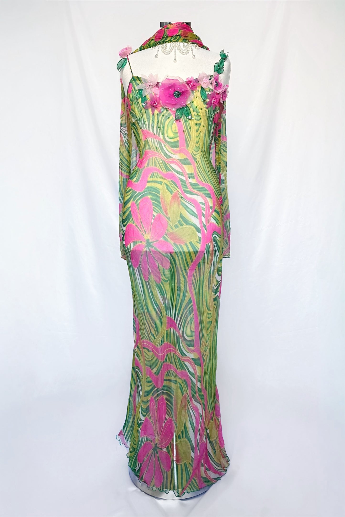 ART DECO SILK FLORAL SHEER MAXI DRESS WITH MATCHING SCARF