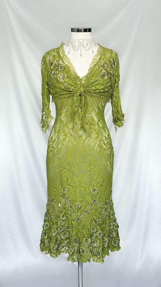 GREEN LACE FLORAL DIAMANTÉ EMBELLISHED MIDI DRESS WITH MATCHING CARDIGAN