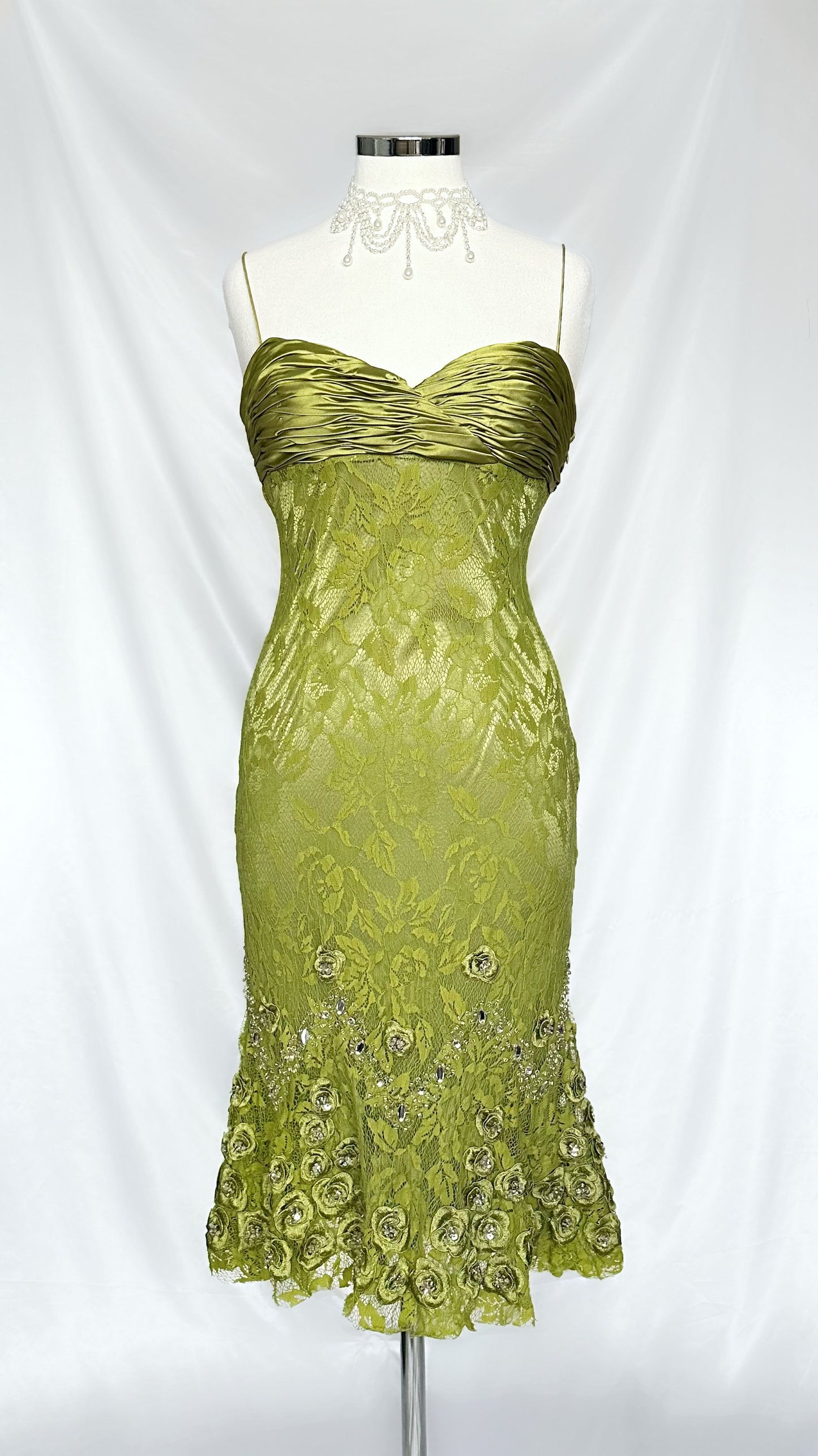 GREEN LACE FLORAL DIAMANTÉ EMBELLISHED MIDI DRESS WITH MATCHING CARDIGAN