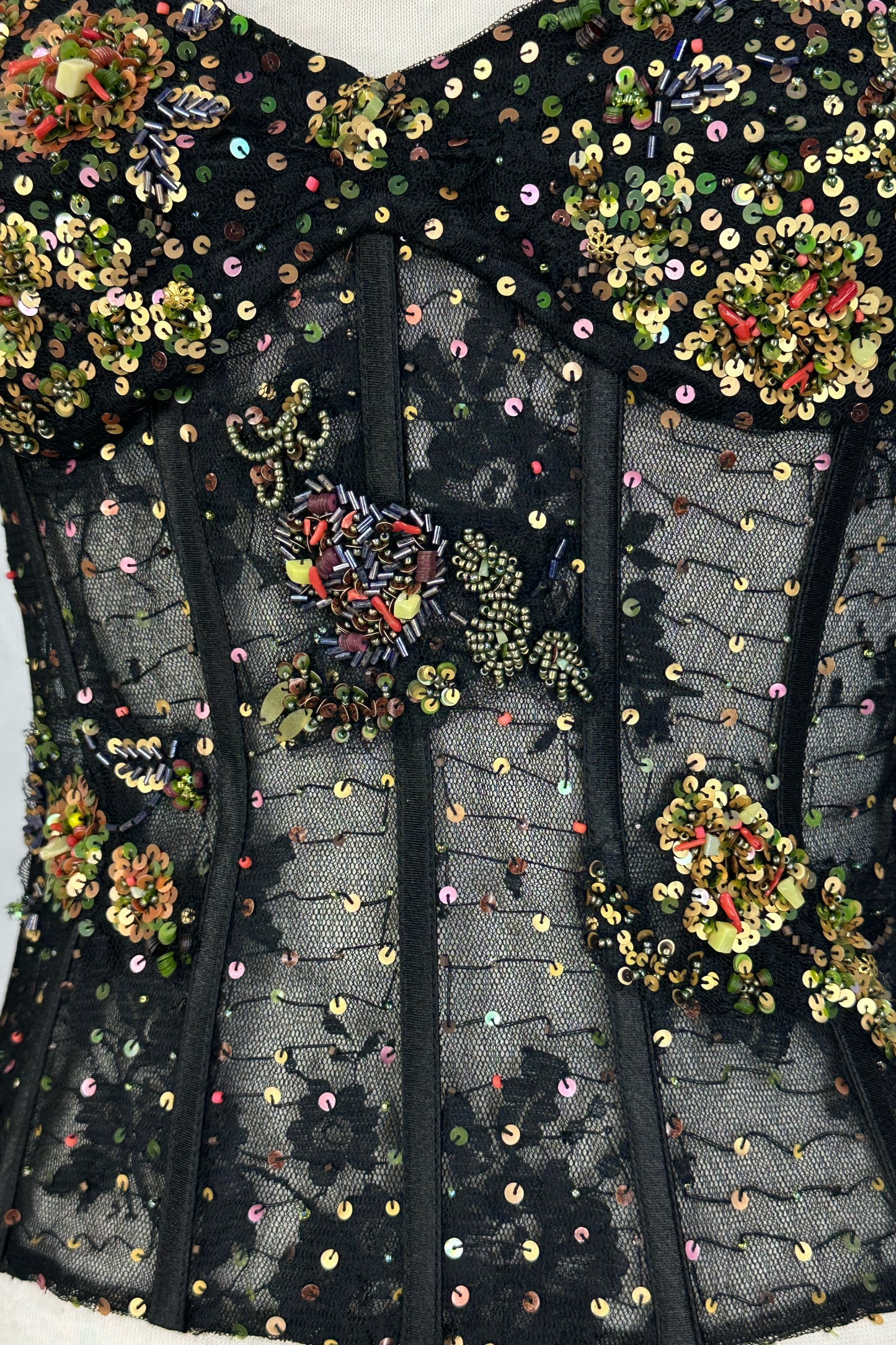 90s French Mesh Embellished Black Corset Top