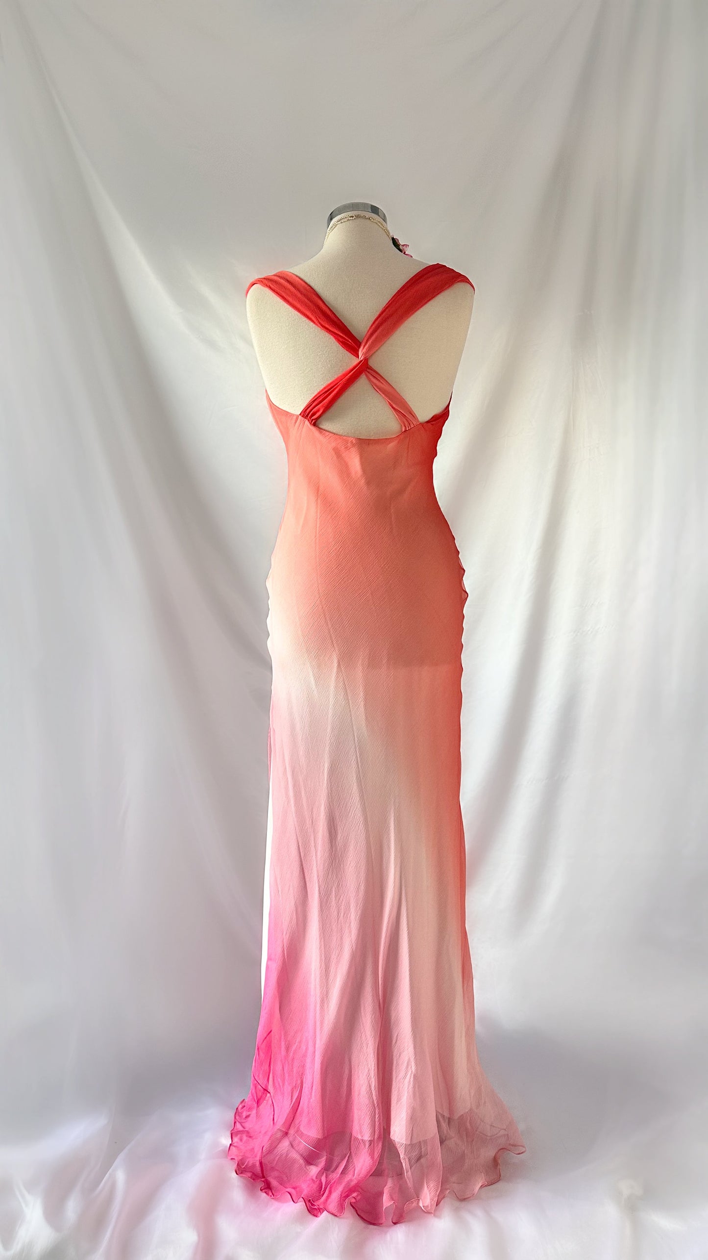 SUNSET PEACH OMBRÉ FLORAL SILK GOWN