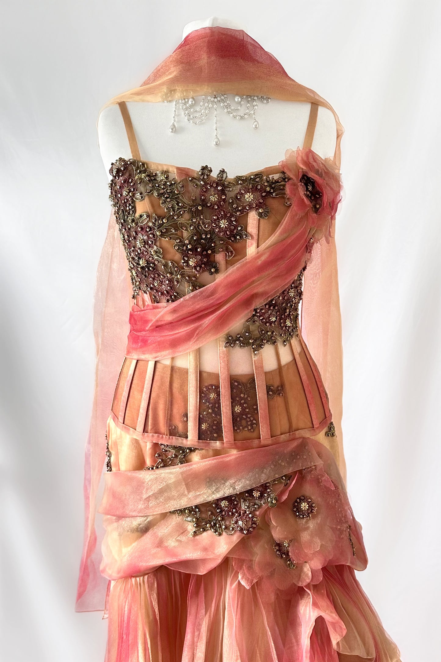 THE GOLDEN ROSE MESH CORSET, SKIRT & SCARF SET