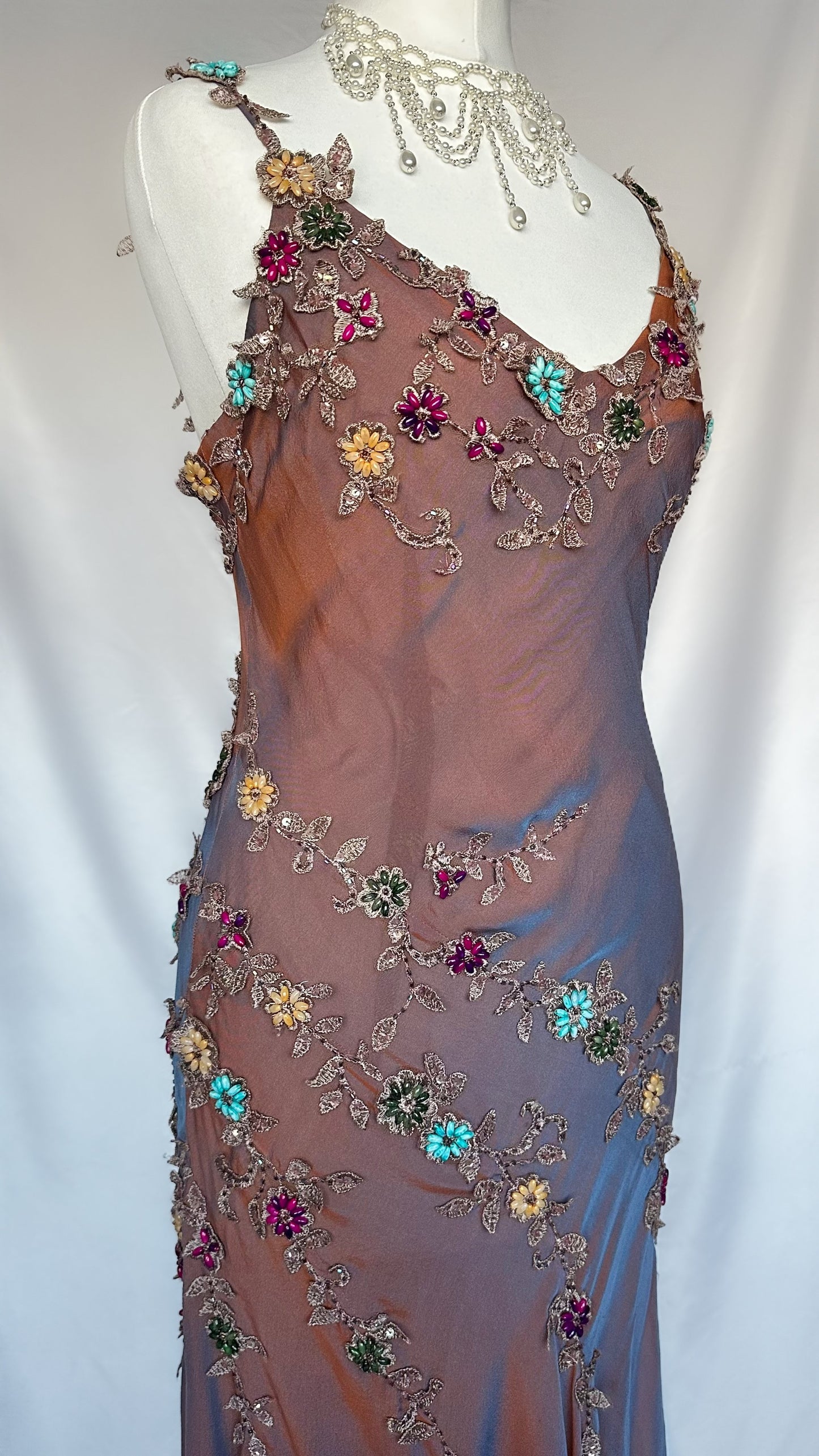 IRIDESCENT DUSK FLORAL EMBELLISHED ASYMMETRICAL MIDI DRESS