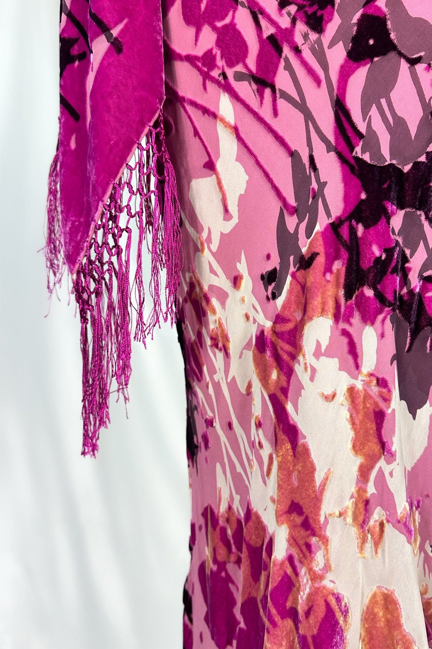FUSCHIA FLORALS VELVET SILK DEVORE MAXI DRESS WITH SHAWL