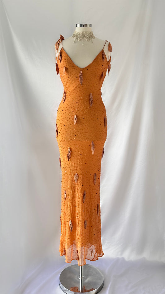AMBER LEAF APPLIQUÉ EMBELLISHED BACKLESS SILK DRESS