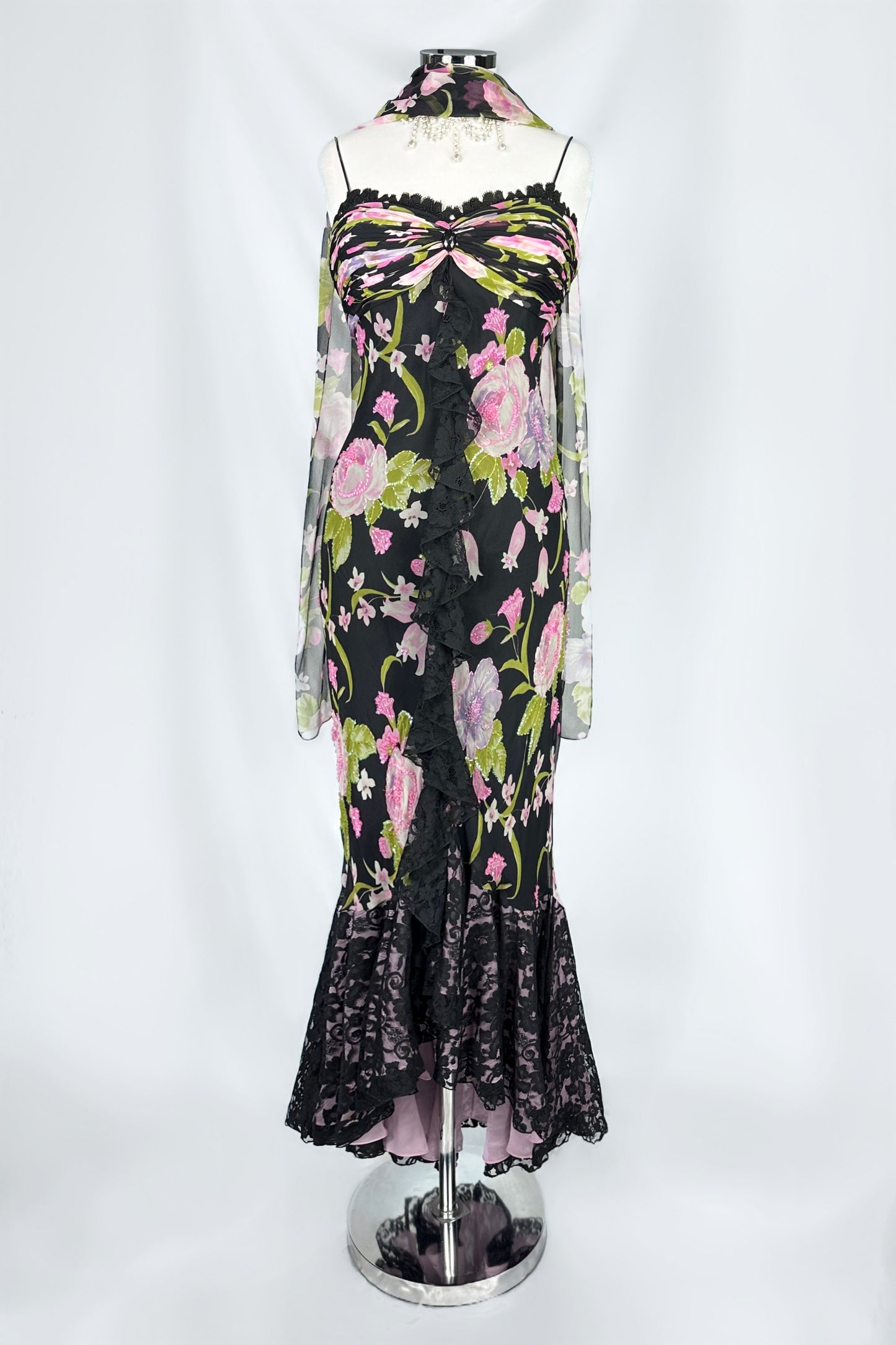 MIDNIGHT GARDENIA EMBELLISHED SILK DRESS & SCARF SET