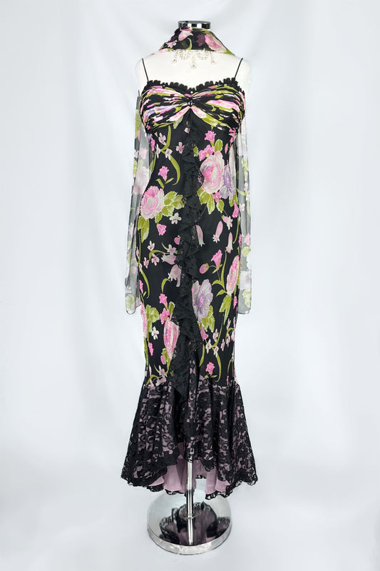 MIDNIGHT GARDENIA EMBELLISHED SILK DRESS & SCARF SET