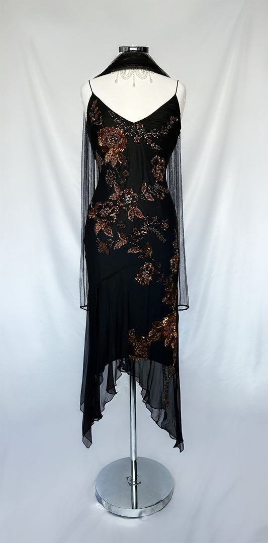 COPPER ROSE EMBELLISHED SILK ASYMMETRICAL MIDI DRESS WITH SCARF