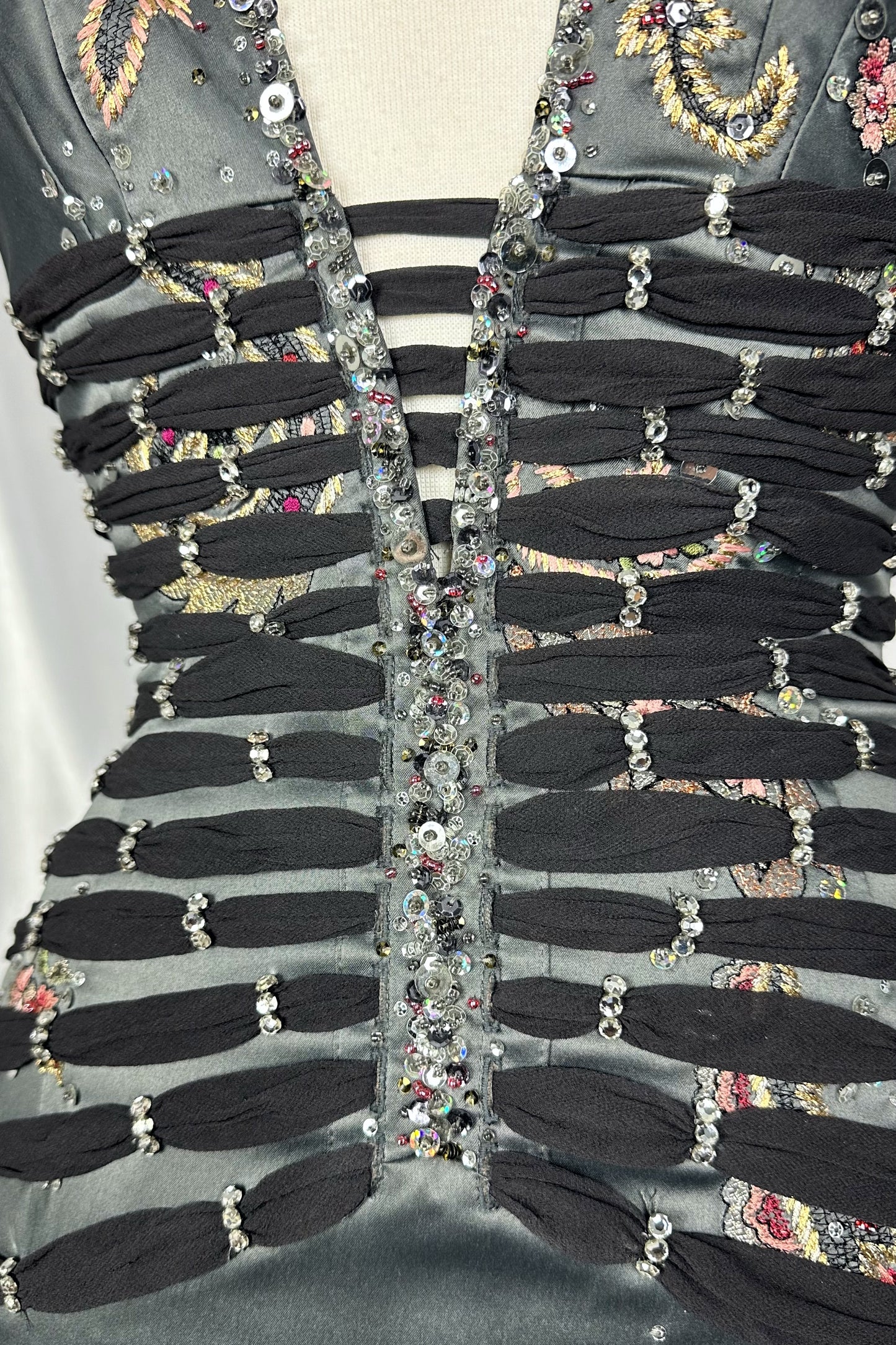 STEEL GREY COUTURE EMBELLISHED V-NECK MIDI DRESS