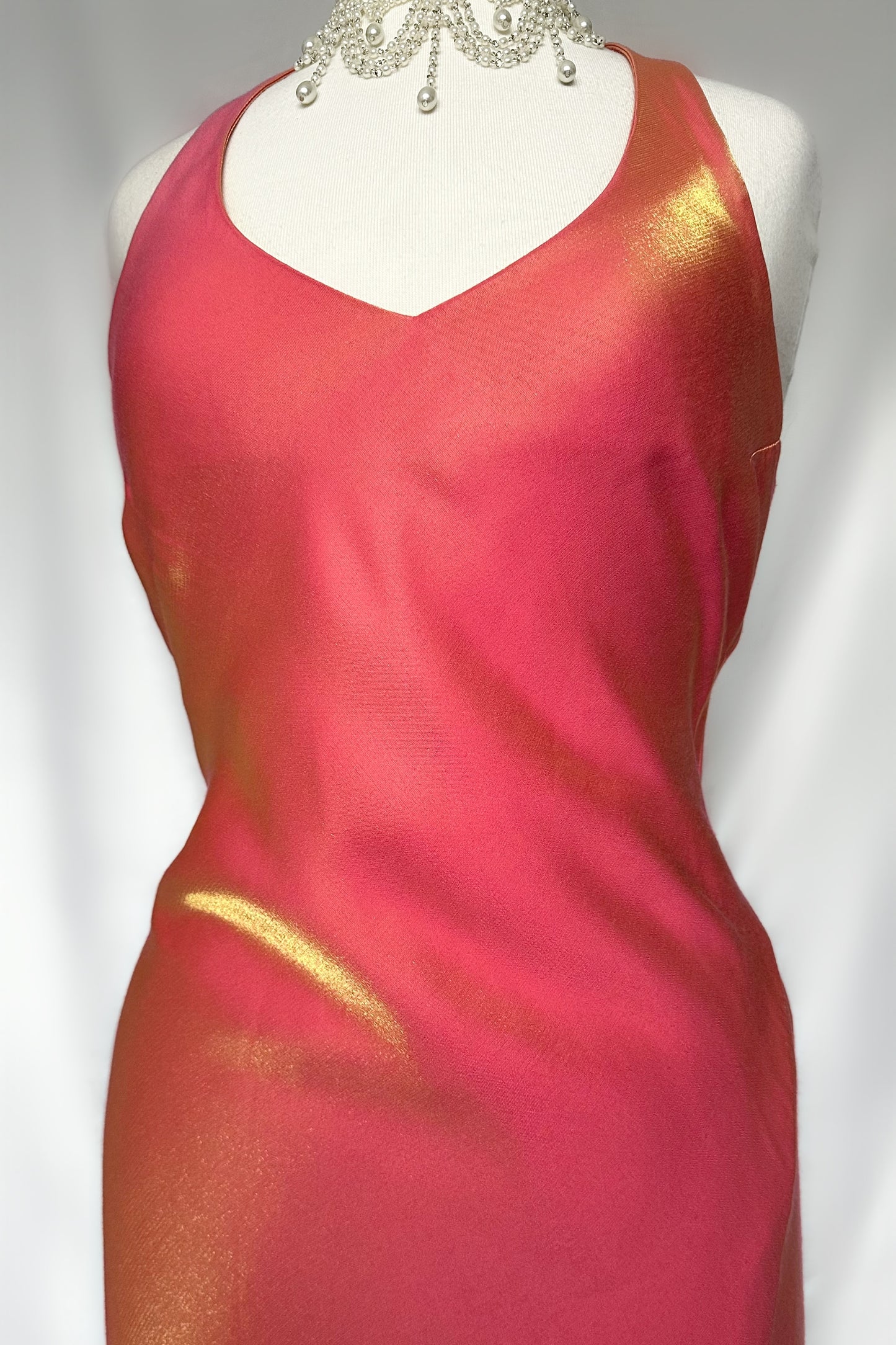 FIERY IRIDESCENT GUAVA HALTER NECK DRESS WITH LEG SLIT