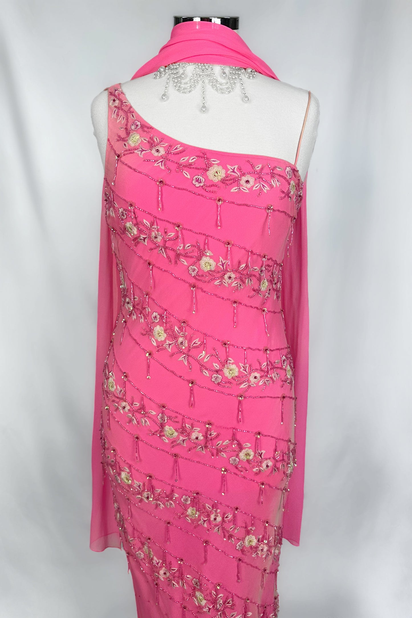 FLORAL CASCADE PINK EMBELLISHED SILK MIDI DRESS & SCARF SET