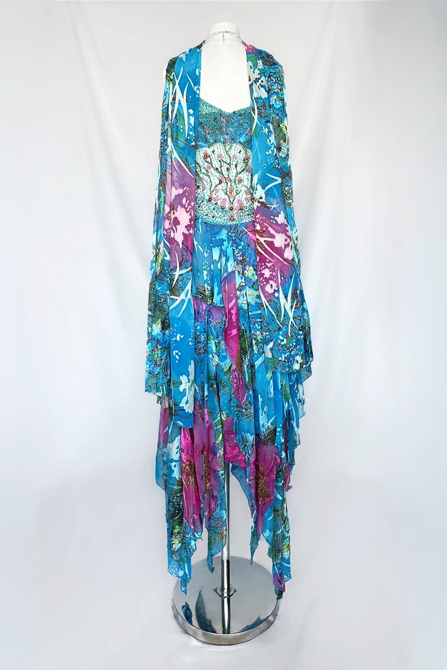 TROPICAL OCEAN PRINCESS SILK EMBELLISHED MIDI DRESS WITH MATCHING SCARF