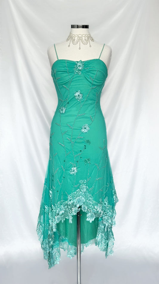 TURQUOISE FLORAL SHIMMERS EMBELLISHED MESH MIDI DRESS