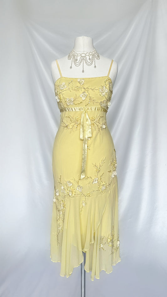 DAFFODIL SILK FLORAL EMBELLISHED MIDI DRESS