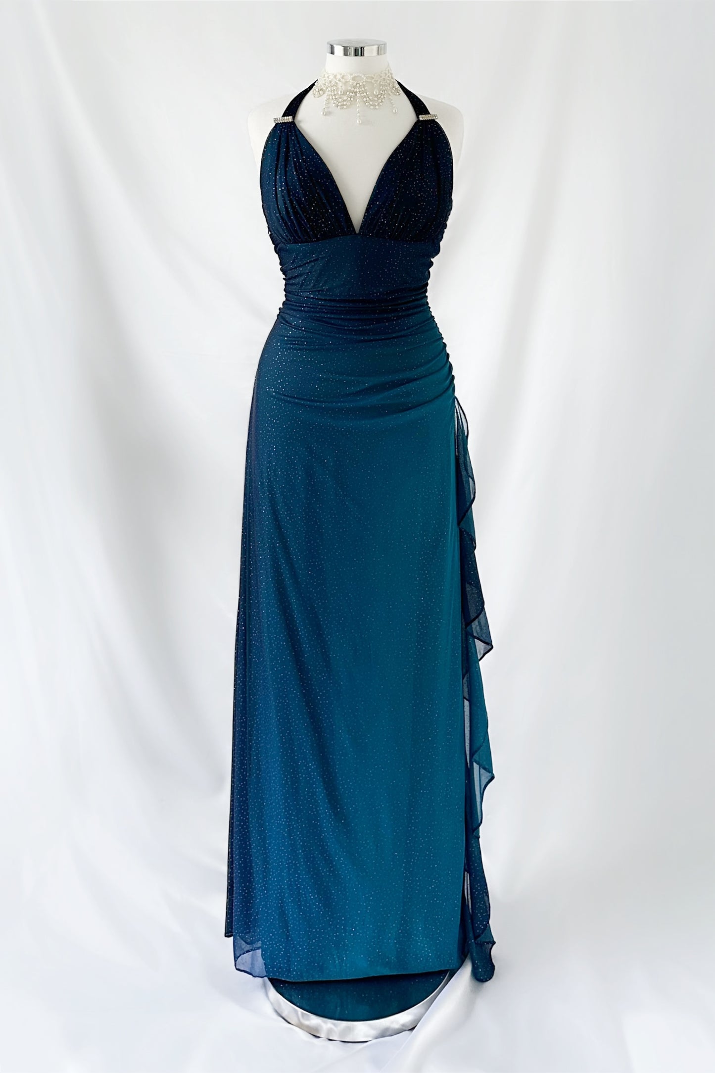SHIMMERING DARK TURQUOISE OMBRÉ HALTER MAXI DRESS