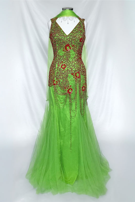 LIME GREEN MESH EMBELLISHED WATERFALL GOWN WITH MATCHING SCARF