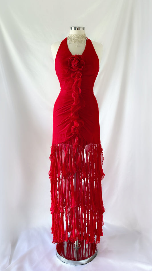 RED ROSE RUFFLE JELLYFISH SILK MAXI DRESS