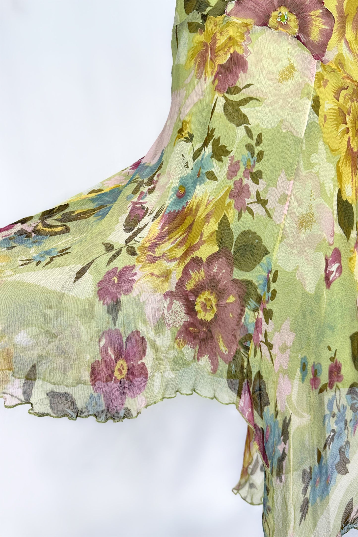 PISTACHIO WATERCOLOUR FLORALS ASYMMETRICAL MIDI DRESS